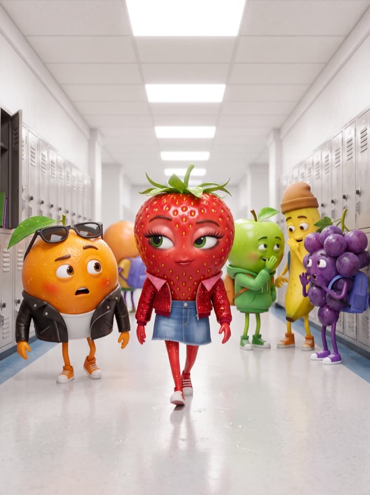 Glossy 3D fruit characters in a school hallway: a strawberry in a sequined jacket walks ahead while an orange, an apple, a banana and a bunch of grapes gossip.
